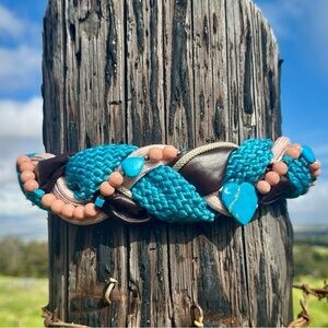 Vintage 80s Arlene Ogene Heart Turquoise Peach Beaded Twisted Belt Summer beach